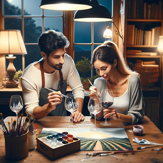 Wine Glass Painting Gift Set Do it Yourself! Creative Glassware Paint Kit Date Nights Two Wine Glasses & Accessories - Mother, Son, Daughter or Date Night - Valentines Day - DIY Winter Lover Gift