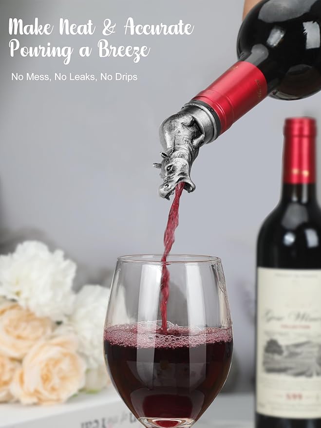 Animal Wine Pourer Spout, Drip Free Bottle Pourer & Stopper for Wine and Liquor Bottles, Funny Gift for Men, Dad, Hostess and Housewarming, Bar Cart Accessory for Holiday Party Decor, Multiple Animal