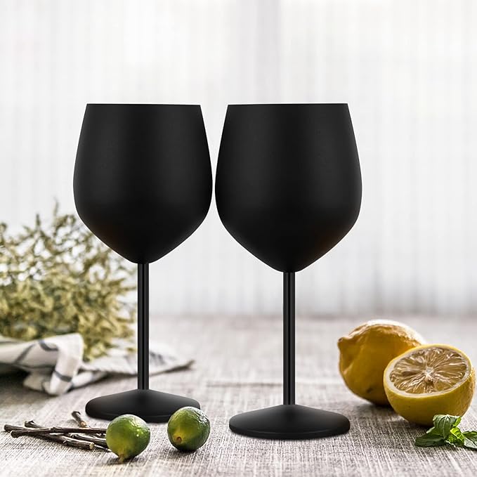 Lifecapido Stainless Steel Wine Glasses Set of 2, 18oz Stainless Steel Stem Wine Goblets, Stemmed Metal Wine Glasses with Cup Brush for Party Office Anniversary, Great for Red White Wine (Black)