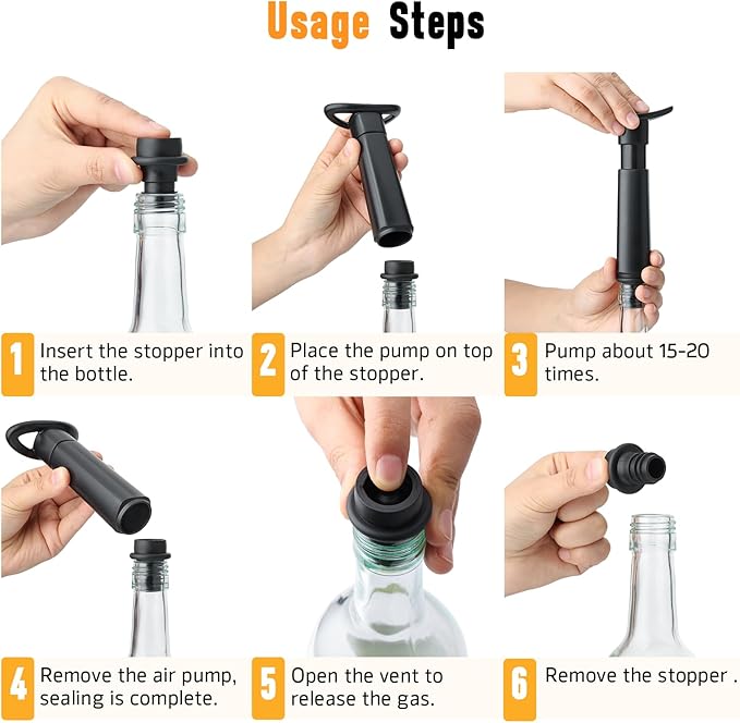 OWO Wine Vacuum Pump with 4 Stoppers, Wine Saver & Preserver, Food Grade Silicone Stoppers, Reusable Air Remover Pump for Standard Wine Bottles - Keeps Wine Fresh Longer