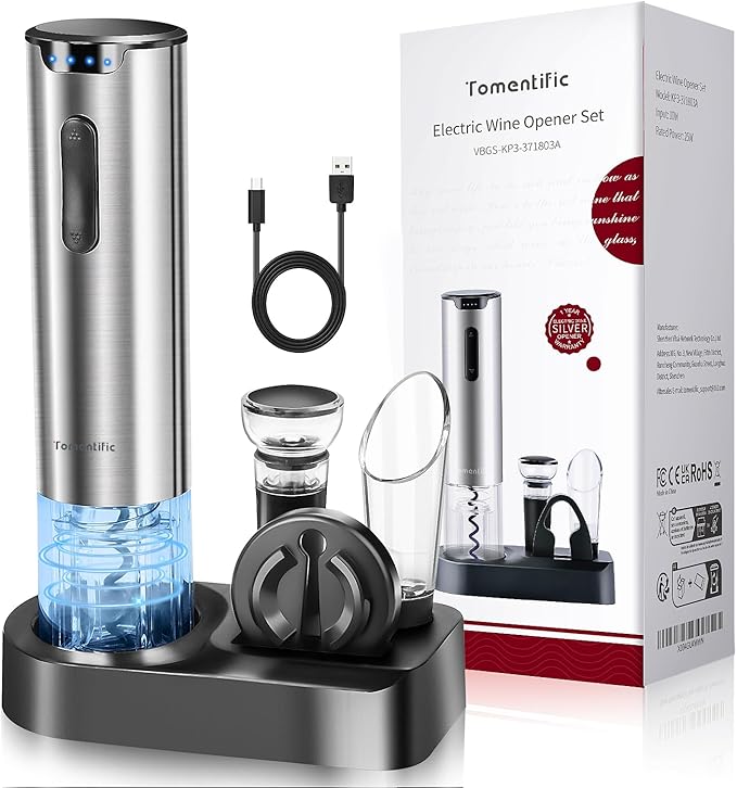 Electric Wine Opener Set With Stand - Premium Wine Gifts with Rechargeable Wine Opener, Foil Cutter, Pourer, Vacuum Stopper, and Elegant Package Box -Gift for Home Party Bar Outdoor