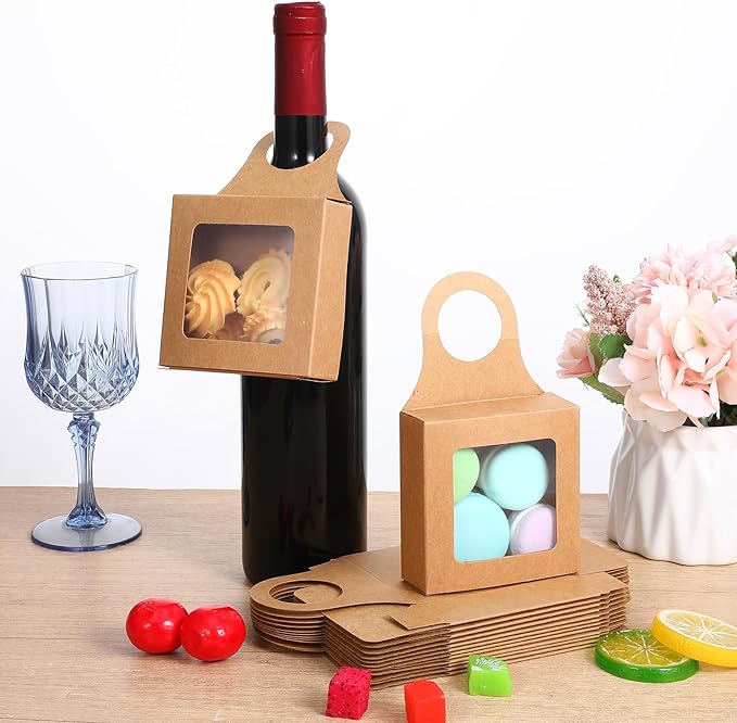 Qulkws 15 Pcs Wine Bottle Hanging Gift Box with Window Handles Foldable Packaging Bags Wine Accessory Sets for Empty Bottles Decorations Weddings Holidays(3.5x3.5x1.2 Inches)