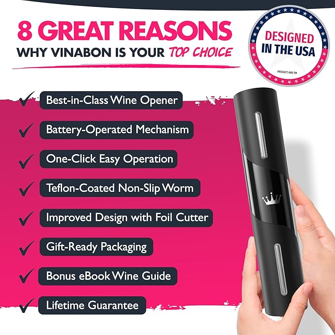 VINABON Battery-Operated Wine Opener - Updated 2026 Electric Wine Bottle Opener with Wine Foil Cutter - One-Click Reusable Automatic Electronic Wine Opener Corkscrew. Includes WineGuide Ebook
