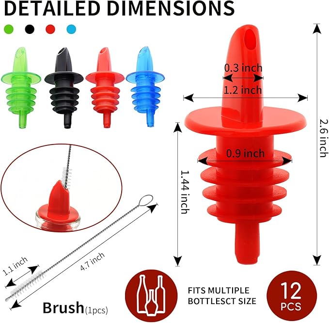 Plastic Liquor Bottle Pourers Assorted - 12 Pack Classic Bottle Pourers for Alcohol, Leak-Proof, Dishwasher-Safe Pour Spouts for Liquor Bottles (Assorted)