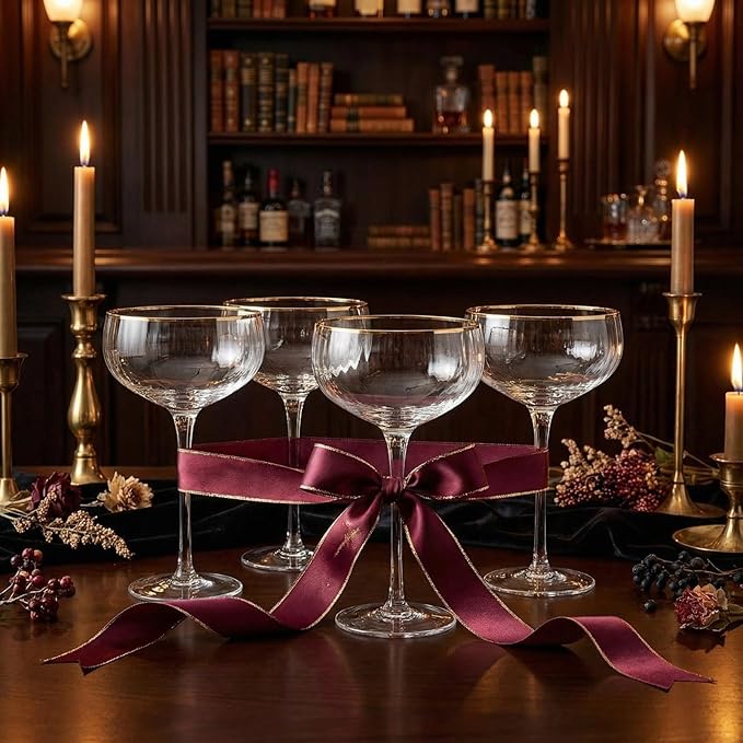 Gold Rim Coupe Glasses 11 oz, Set of 4 Classic Manhattan Glasses - Martini, Cocktails, Champagne, Wine & Water, Coupes Gilded Rimed, Crystal Stemmed, Short Stem Sets Perfect for Drinking Champagne