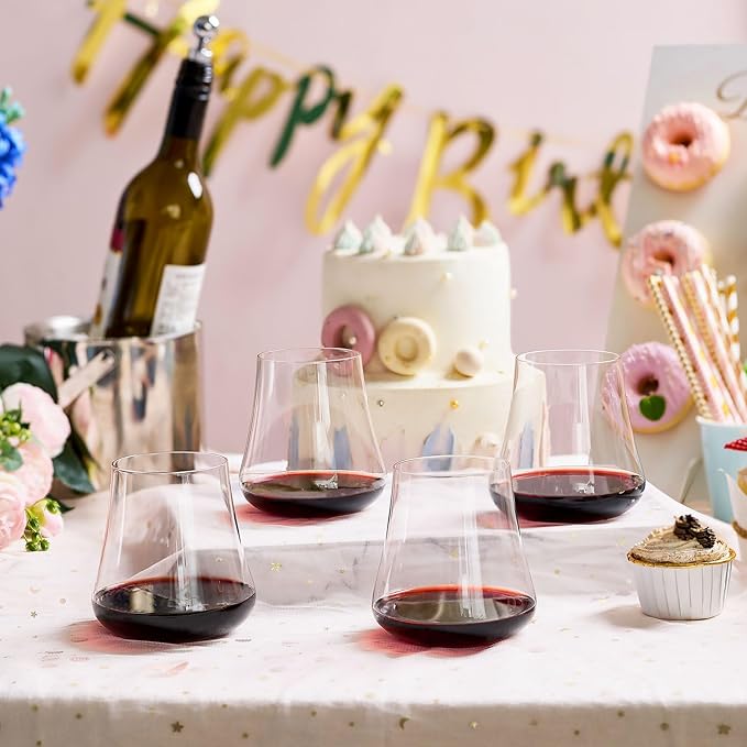 Large Stemless Wine Glasses Set of 4: 20oz Clear Hand Blown Crystal No Stem Red Wine Glass Cups for Birthday Wedding Party