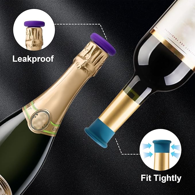 8 PCS MultiColor Silicone Wine Stoppers, Reusable Sparkling & Champagne Corks, Sealed Beverages Beer Bottle Caps, Keeps Wine Fresh