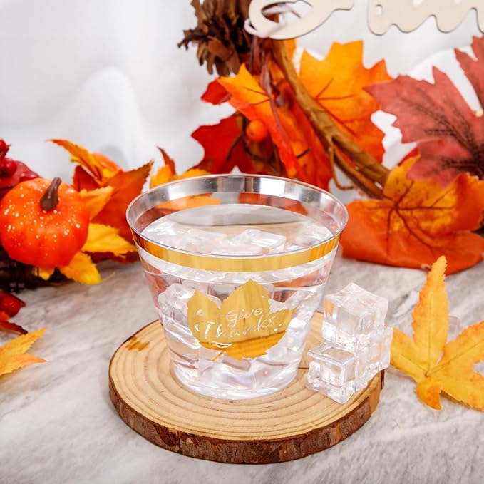 DaYammi 60Pcs Thanksgiving Gold Plastic Cups 9 Oz Gold Rimmed Clear plastic Cups gold Thanksgiving Disposable Party Cups Plastic Drinking Cup Cocktail Glasses Disposable Wine Glasses