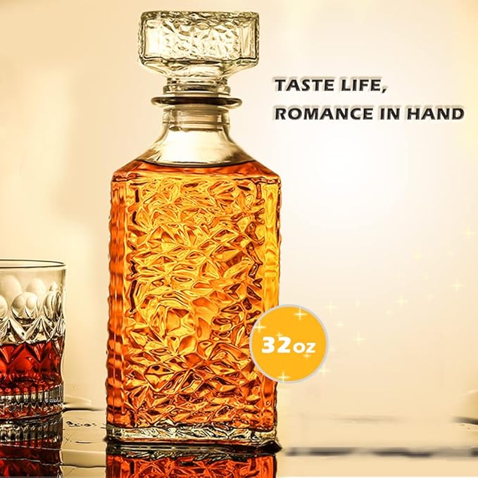 Whiskey Decanter with Airtight Geometric Stopper,32oz Liquor Decanter,Glass Decanter,Diaphanous Liquor Bottle,Decanter with Airtight Lid for Whiskey,Vodka,Bourbon,Scotch,Brandy,Wine