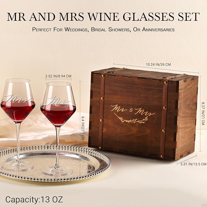 Mr Mrs Wine Glasses Gifts for Wedding/Engagement/Bridal Shower,Classy Engagement Present,Wedding Gift for Couples,Women,Bride to be,Newlyweds-Wedding Keepsake Box with Wine Accessories