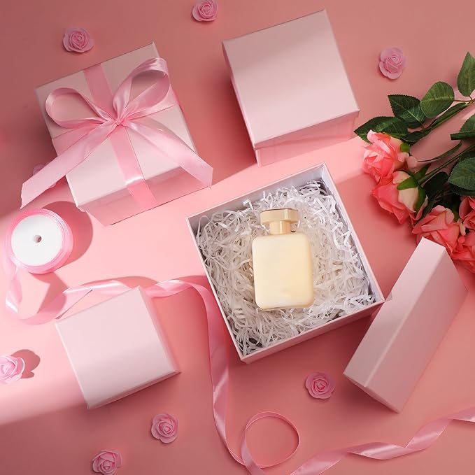 Cholemy 5 Pcs Square Nesting Boxes Decorative Gift Boxes with Lid and Ribbon Assorted Sizes Wrap for Wedding, Carnival, Anniversary, Birthday, Bridal Shower Party Gifts(Pink)