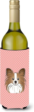 Caroline's Treasures BB1248LITERK Checkerboard Pink Papillon Wine Bottle Hugger Bottle Cooler Sleeve Hugger Machine Washable Collapsible Insulator Beverage Insulated Holder