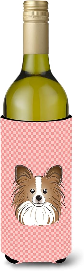 Caroline's Treasures BB1248LITERK Checkerboard Pink Papillon Wine Bottle Hugger Bottle Cooler Sleeve Hugger Machine Washable Collapsible Insulator Beverage Insulated Holder