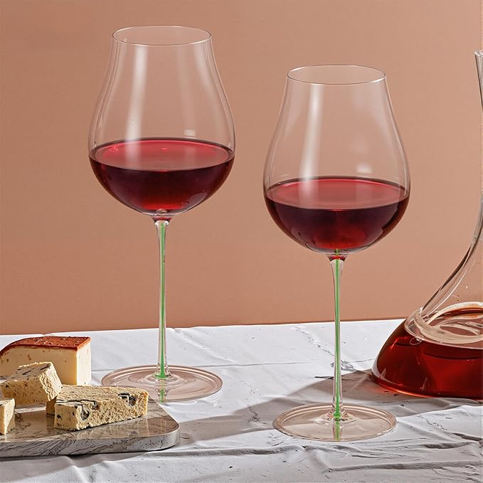 KAMMAK Wine Glasses Set of 2, 24.35 oz Hand Blown Crystal Bordeaux Wine Glasses, Thin Rim & Long Stem, Perfect for Red & White, Daily Use, Wedding or Birthday Gift with Gift Box, Burgundy Green