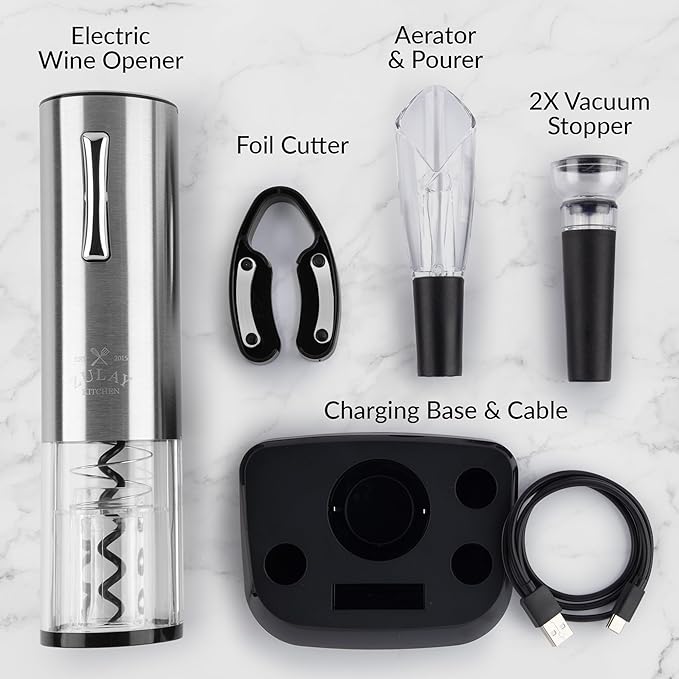 Zulay Kitchen Rechargeable Electric Wine Opener Set with Charging Base - Automatic Corkscrew Wine Bottle Opener, Aerator Pourer, Foil Cutter & 2 Vacuum Stoppers - Stainless Steel Wine Gift Set, Silver