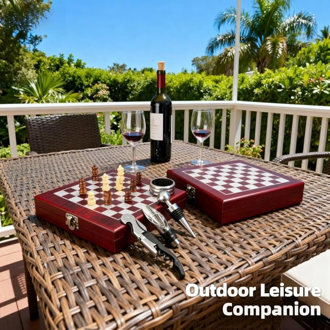 Wine Opener Gift Set with Chess Board, 5 in 1 Elegant Wine Accessories Kit with Waiter's Corkscrew, Pourer, Stopper & Foil Cutter, Unique Gifts for Wine Lovers & Hosts
