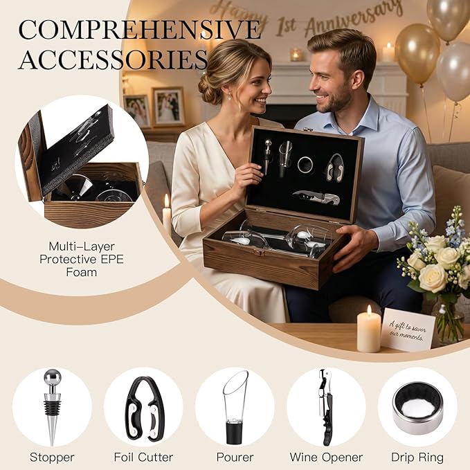Wedding/Anniversary/Engagement/Bridal Shower and Bachelorette Gifts for Couples,Bride & Newlywed, Engraved Mr and Mrs Wine Glasses with 5-Piece Wine Accessory Kit (Bordeaux Wine Glass+Box)