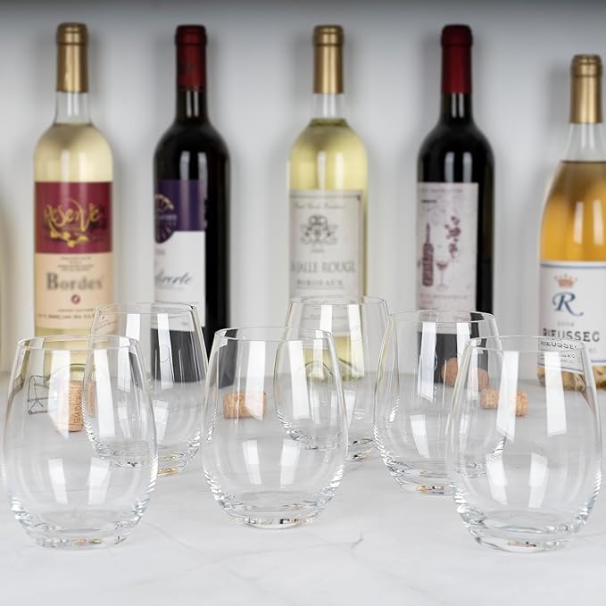 Cystone Premium Crystal Stemless Wine Glasses Set of 6, 15oz Lead-Free Red or White Wine Glass, Water Juice Glasses, All-Purpose Beverage Cups, Clear Drinking Tumblers in Gift Box, Dishwasher Safe