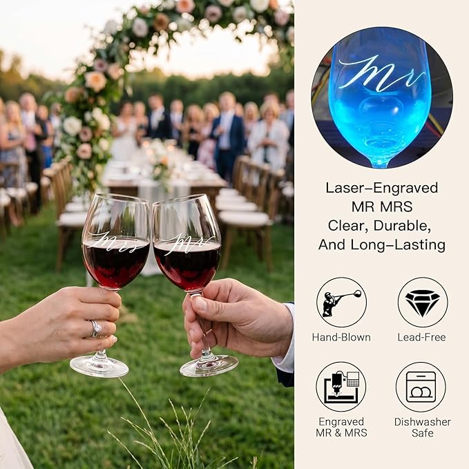 Wedding/Anniversary/Engagement/Bridal Shower and Bachelorette Gifts for Couples,Bride & Newlywed, Engraved Mr and Mrs Wine Glasses with 5-Piece Wine Accessory Kit (Bordeaux Wine Glass+Box)