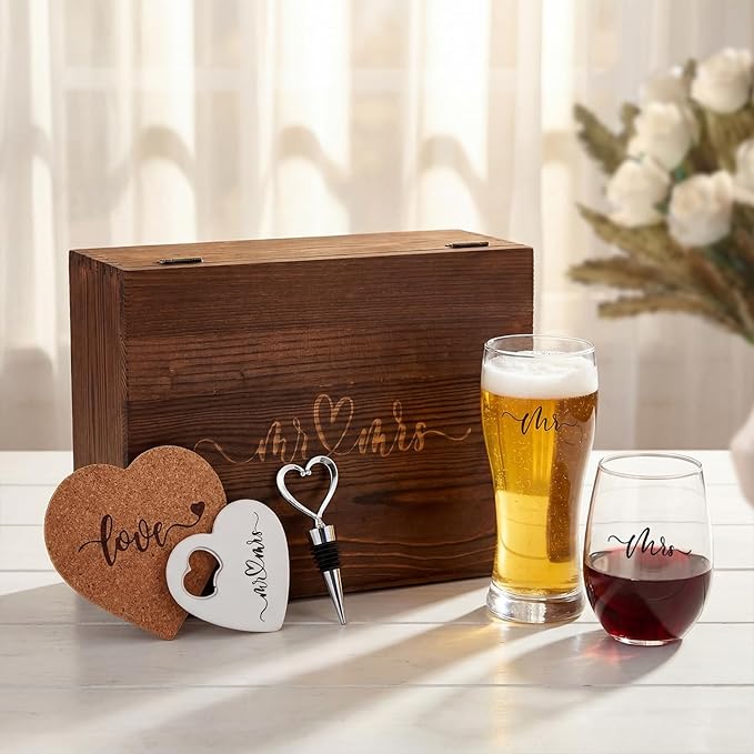 Remerry 7 Pcs Wedding Gifts for Couples 2026 Mr and Mrs Wine Glasses Set with Wooden Keepsake Box Heart Wine Stopper Opener Coasters for Wedding Bridal Shower Engagement Anniversary Bachelorette