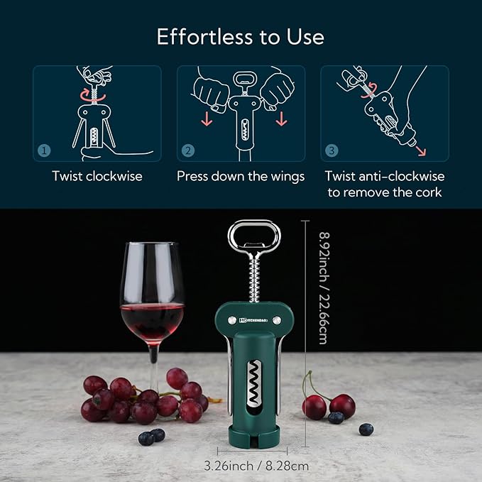 KITCHENDAO 3 in 1 Wing Corkscrew Wine Bottle Opener with Foil Cutter, Built-in Beer Bottle Opener, Multifunctional Wine Opener with Non-Stick Sharp Screw, Easy to Use, Manual Wine Corkscrew, Green