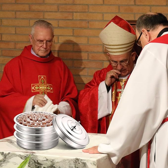 Jingmore Communion Ware 3 Holy Wine Serving Trays with 1 Cover Stainless Steel Communion Supplies Silver Trays for Churches Holy Ware Sets(Silver)