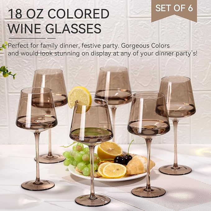Smokey Sand Wine Glasses Set of 6,18oz Gray Wine Glassware Gift Set for Wife & Mom-Colorful Hand Blown Glass Drinkware for Red White Wine