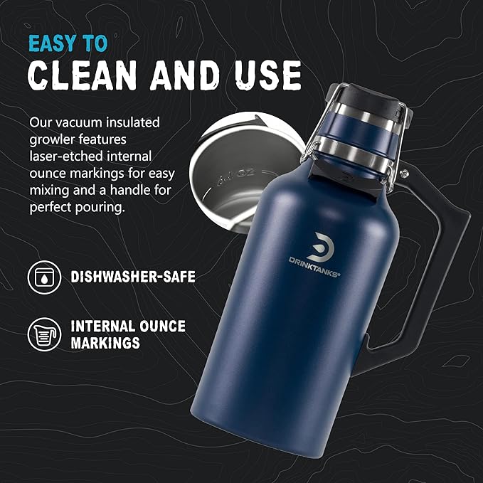 DrinkTanks Craft Growler – 64 oz Vacuum Insulated Stainless Steel Beer Growler with Handle, Leakproof Thermal Beverage Tumbler for Beer, Wine, Coffee, Soda, Kombucha – Reusable & BPA-Free – Storm