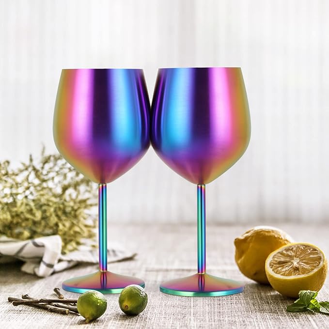 Lifecapido Stainless Steel Wine Glasses Set of 8, 18oz Colorful Stainless Steel Wine Goblets, Stemmed Metal Wine Glasses with Cup Brush for Party Office Wedding Anniversary, Great for Red White Wine