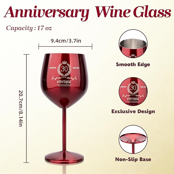 30th Birthday Gifts Wine Glass for Her Women, Stainless Steel Metal Unbreakable Decoration Glasses Red Cup 17oz with Vintage Print-Unique 30 Year Old Present for Mom Wife Sister Friend