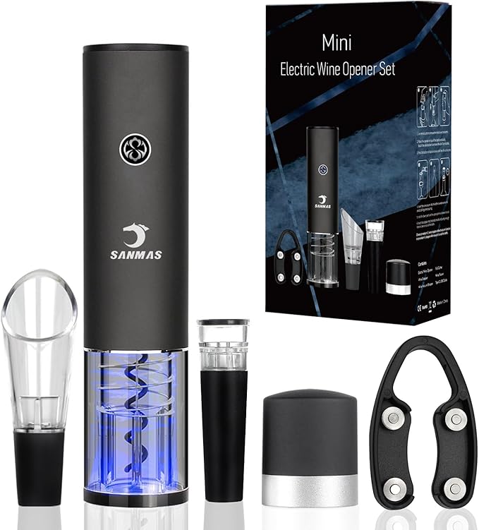 SANMAS Rechargeable Electric Wine Bottle Opener Set - Automatic Corkscrew with Foil Cutter, Wine Stopper & Aerator Pourer - Ideal Gift for Wine Lovers