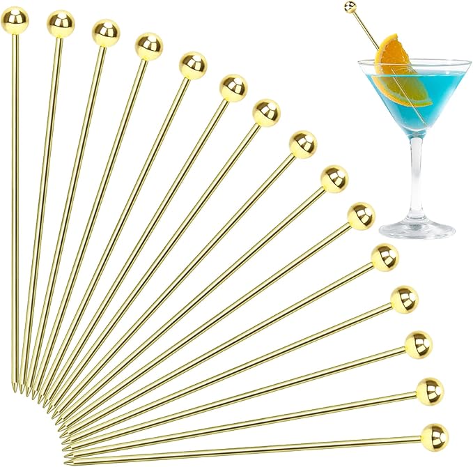 15PCS Gold Cocktail Picks for Drinks, Stainless Steel Fancy Cocktail Toothpicks, Reusable Metal Cocktail Skewers, 4.3 IN Party Garnish Sticks Martini Picks for Olives Appetizers Fruit Bloody Mary