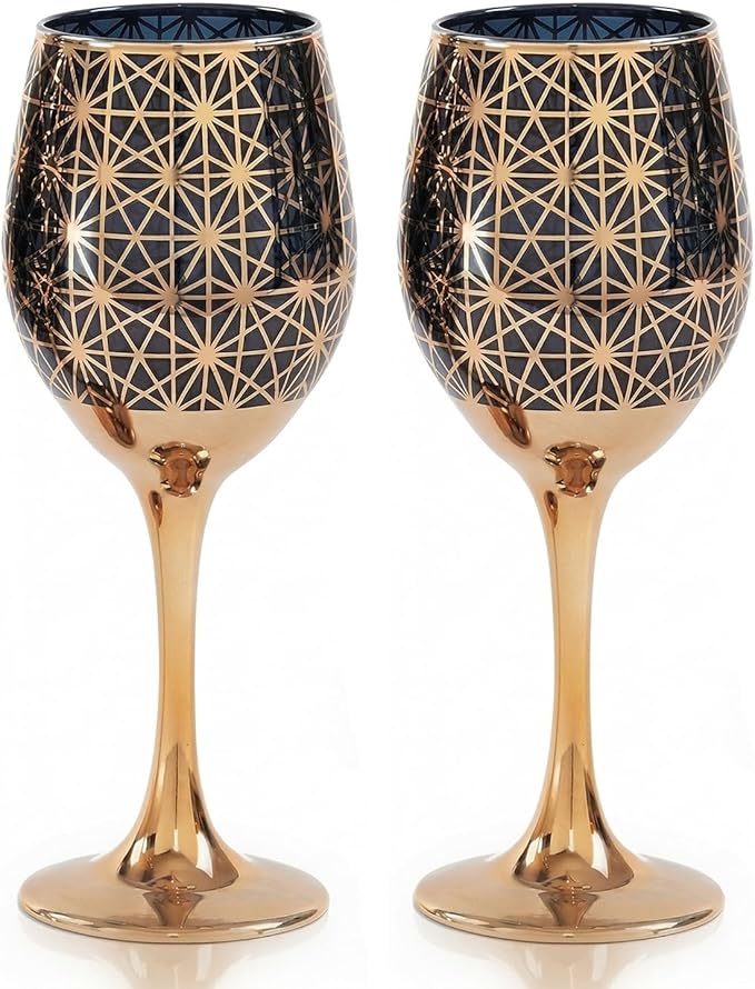 Gold Rim Wine Glasses - 12oz Red and Gold Long Stem Set for Fall, Thanksgiving, Christmas, Housewarming or Birthday Gift (Black-NoInnerCoated, Set of 2)