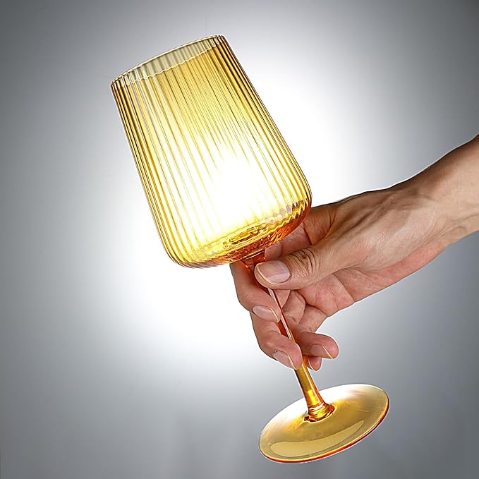 Hand Blown Ribbed Wine Glasses with stem, Lead-Free Crystal Glasses, Luxury Gift, Set of 4, Unique, 18oz Premium Wine Goblet, Large capacity, Fluted Design (Summer Colored)