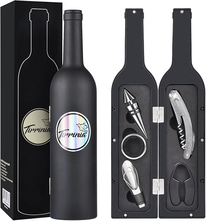 Kato Wine Accessories Gift Set - Bottle Corkscrew Opener Kit, Drip Ring, Foil Cutter, Wine Pourer and Stopper in Novelty Bottle-Shaped Case - Valentine's Gift, Black