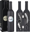Kato Wine Accessories Gift Set - Bottle Corkscrew Opener Kit, Drip Ring, Foil Cutter, Wine Pourer and Stopper in Novelty Bottle-Shaped Case - Valentine's Gift, Black