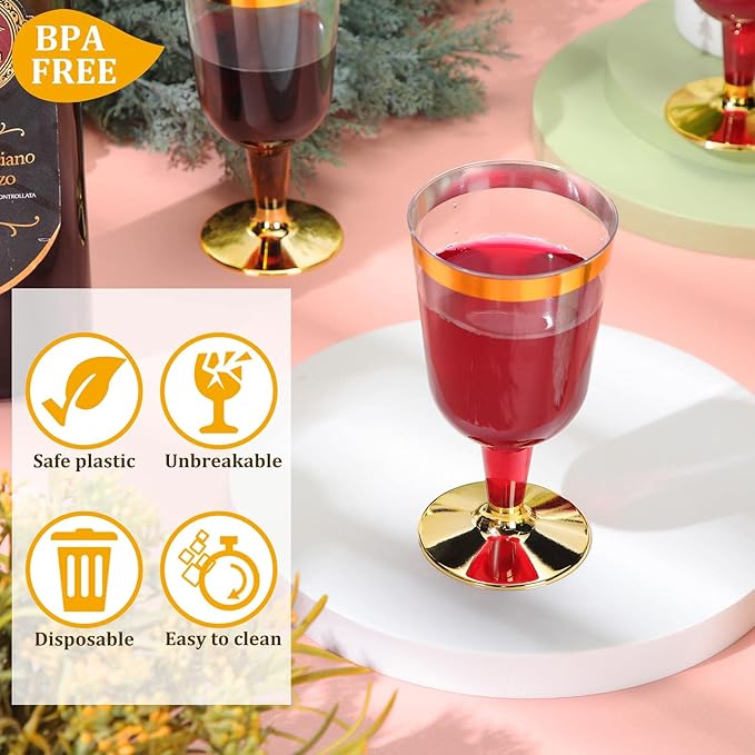 CHENGU 100 Pcs Plastic Wine Glasses 7 oz Gold Rimmed Mini Stemware with Removable Base for Wedding Parties Birthday Anniversary Champagne Toasting(gold)
