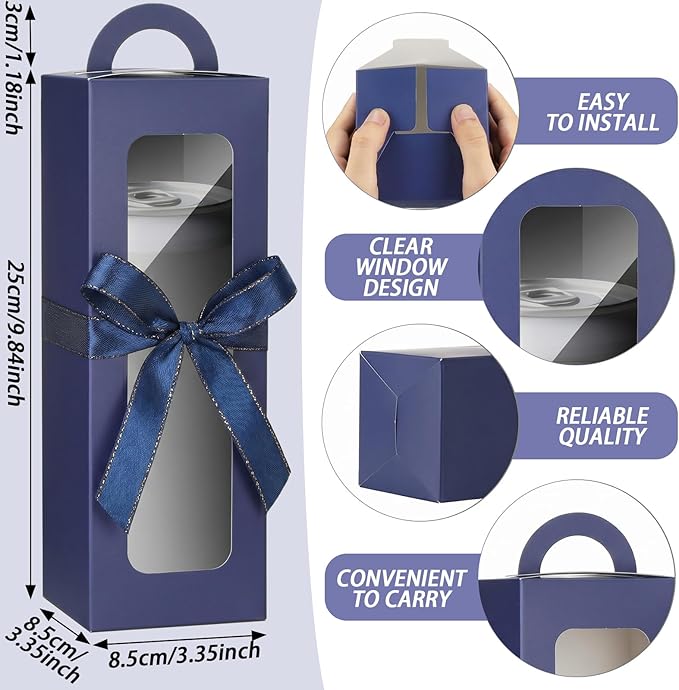 Ctosree 24 Pcs Navy Blue Tumbler Gift Box with Handle for 12oz 16oz 20oz 30oz Clear Wine Glass Gift Box Sublimation Tumblers Heat Press Blanks Bottle for Christmas Wrapping Packaging