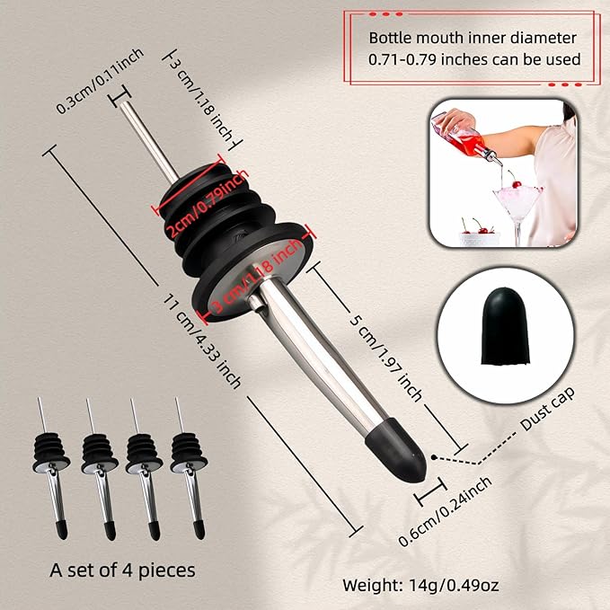 4PCS Premium Wine and Oil Pourer Set, 304 Stainless Steel Pour Spouts for Liquor & Oil - Reusable, Dishwasher Safe, Precision Flow Control, Leak-Proof Seal, Fit Most Wine & Whiskey Bottles (S (Hat1))