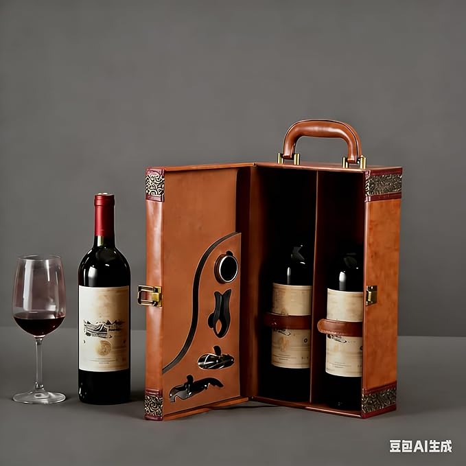 Wine Gifts Box with 4 Wine Accessories Set & Storage Box, 2-Bottle Tote Carrier Case for Wedding, Christmas, Party, Collection & Home Bar Decor (Brown)