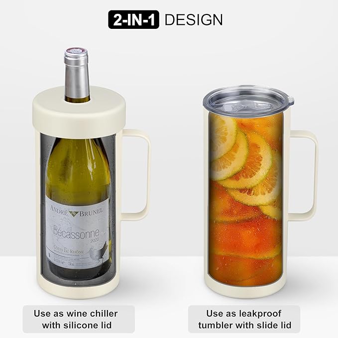 MAXSO 42oz Wine Chiller Iceless Cooler Tumbler - Gift for Wine Lovers, 2-IN-1 Stainless Steel Vacuum Insulated Bucket Portable Mug Cup Wine Accessory Keep Cold, Fit Most 750ml Wine & Champagnes, White