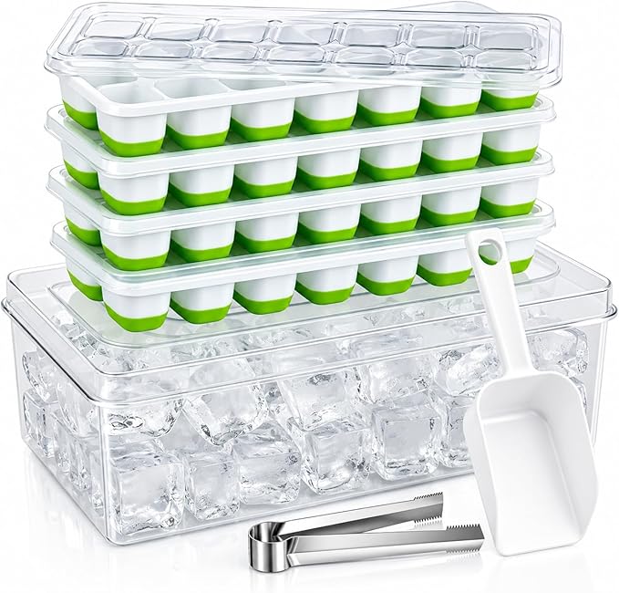 Ice Cube Tray Set with Lids & Bin, 4 Silicone Ice Trays with Scoop & Tongs, BPA Free Ice Maker for Whiskey, Cocktails, Coffee & Freezer Storage