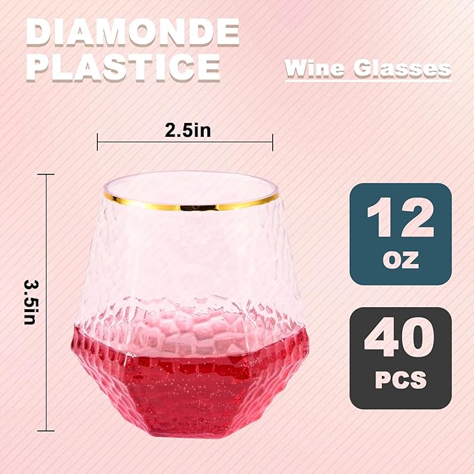 Goodluck 40 PCS Diamond Stemless Plastic Wine Glasses, 12 Oz Disposable Fancy Plastic Cups, Suitable for Weddings, Birthday Parties, Family Gatherings, Bars, etc （Hammered Gold rimmed cups）
