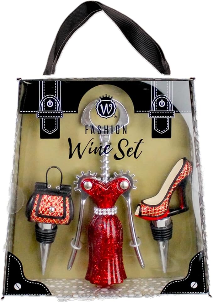 Fashion Set: 3pcs Winged Corkscrew, High Heel and Purse Wine Stoppers - Red and Gold Gift Set