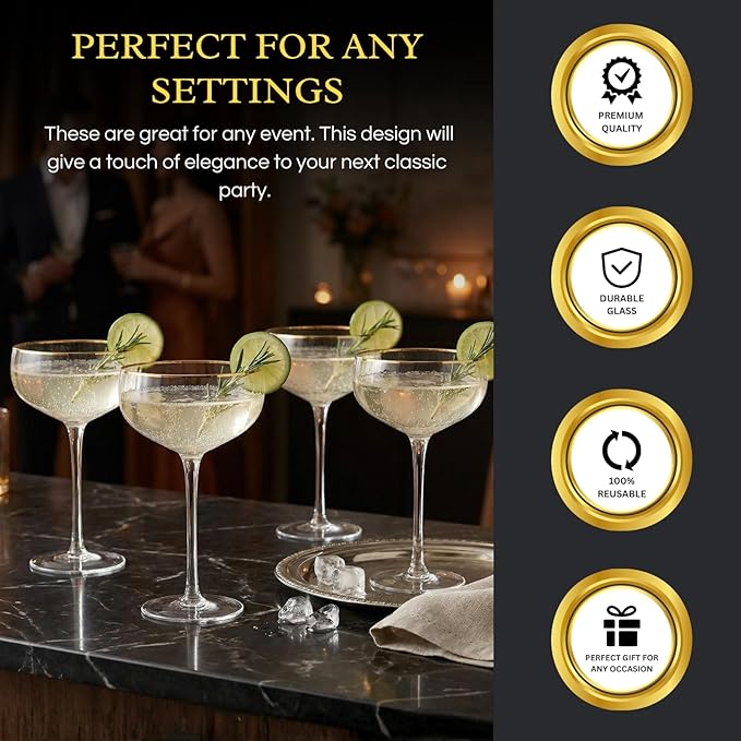 Gold Rim Coupe Glasses 11 oz, Set of 4 Classic Manhattan Glasses - Martini, Cocktails, Champagne, Wine & Water, Coupes Gilded Rimed, Crystal Stemmed, Short Stem Sets Perfect for Drinking Champagne