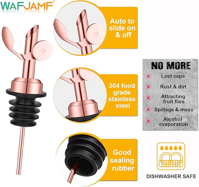 WAFJAMF 4 Pcs Weighted Stainless Steel Bottle Pourers, Self Closing Olive Oil Dispenser Spout, Auto Flip Feature Liquor Pour Spouts for Pours Liquid, Olive Oil, Wine, Vinegar（Rose Gold）