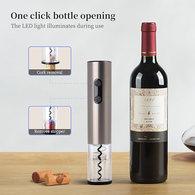 Battery Operated Electric Wine Opener by ELMWAY - Stainless Steel Electric Corkscrew with LED Light & Foil Cutter, Simple Push-Button Operation for Wine Lover (Black, 4 x AA Not Included)