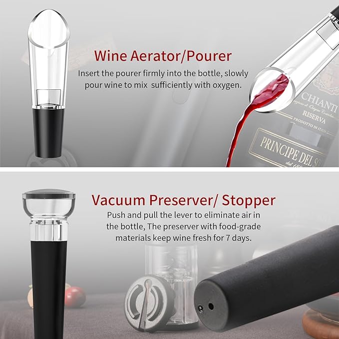 Electric Wine Opener Set include Bookpage-Style Electric Bottle Opener Rechargeable, Vacuum Stopper, Wine Pourer, Foil Cutter, Storage Base & USB Charging Cable (Red)