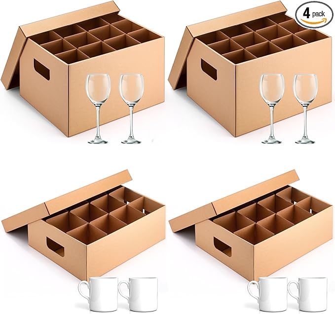 MotiMind 4 Pack Wine Glass Mug Moving Boxes with Divider Kits Included 20 x 15 x 12 Inch 2 Wine Glass and 16 x 16 x 6 Inch 2 Mug Kitchen Moving Boxes with Handle Packing Box for Dish Glassware
