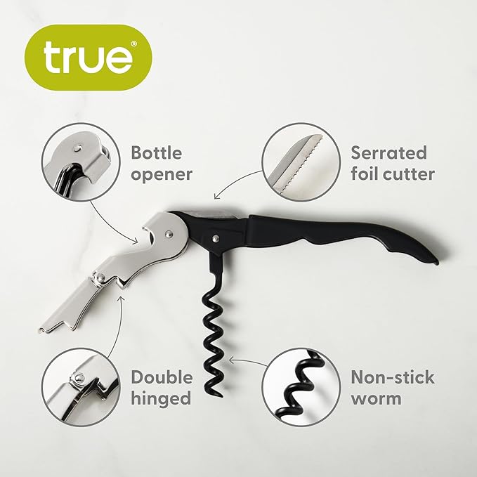 True Truetap Double Hinged Waiter's Corkscrew Wine Opener, Stainless Steel Wine Bottle Opener with Foil Cutter, Home Bar Tools, Bar Cart Accessories, Wedding Gifts, Set of 1, Black